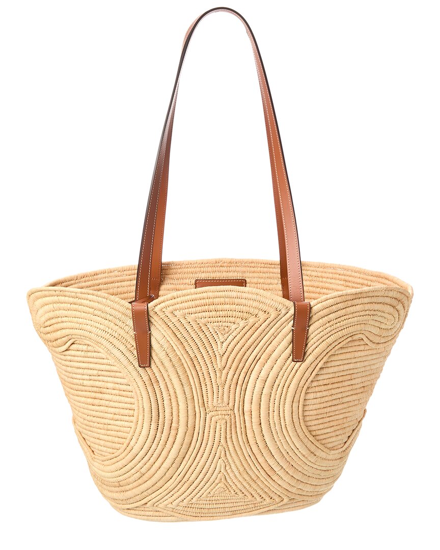 Celine Classic Panier Medium Braided Raffia & Leather Tote In Brown