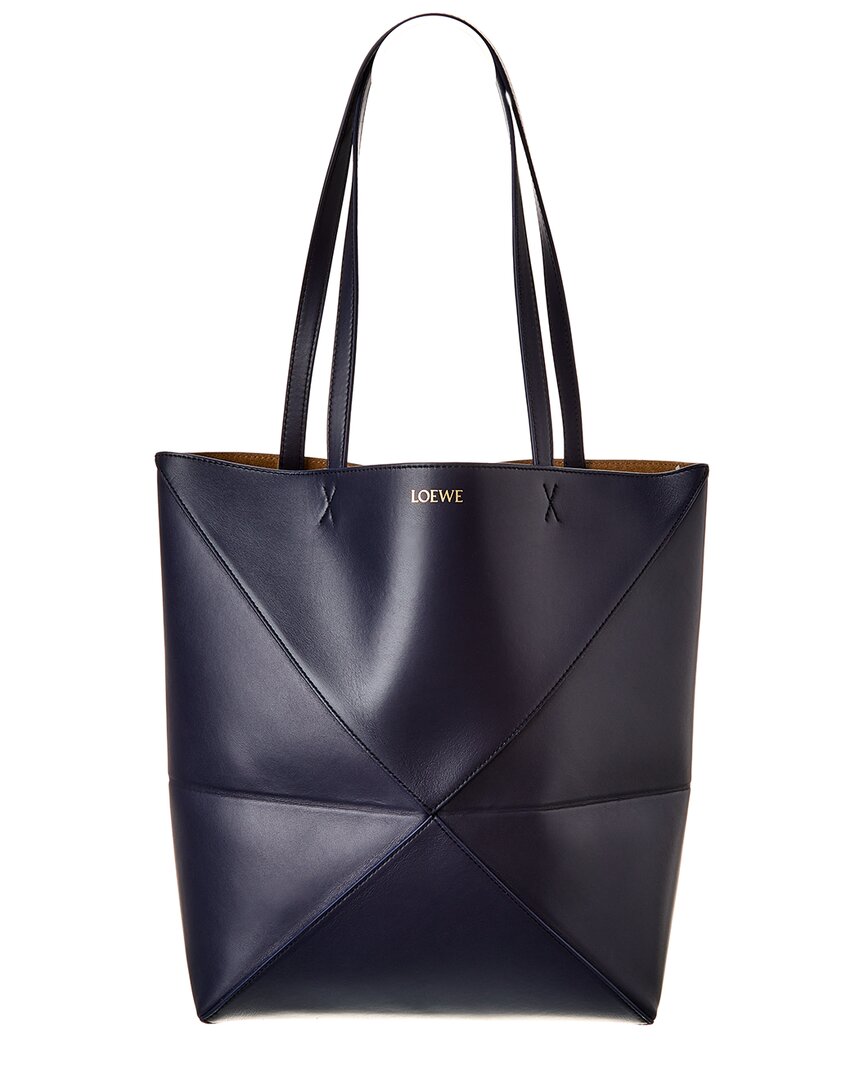 Loewe Puzzle Fold Medium Tote Bag In Shiny Leather In Blue