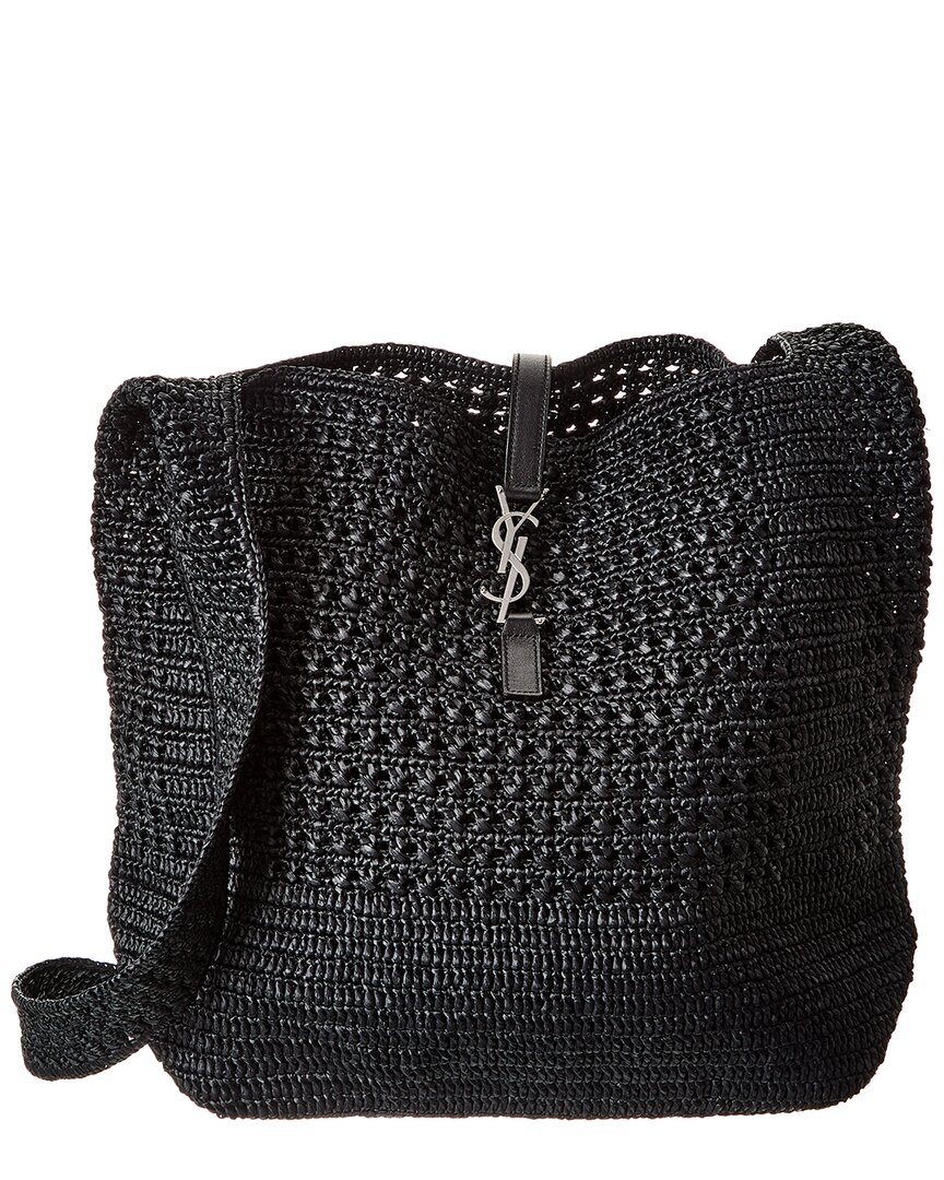 Saint Laurent Le 5 A 7 Medium Raffia & Leather Tote In Black