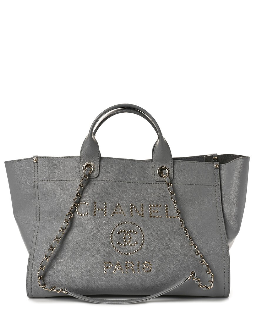 Pre-owned Chanel Grey Caviar Leather Studded Medium Deauville Tote (authentic Pre-loved)