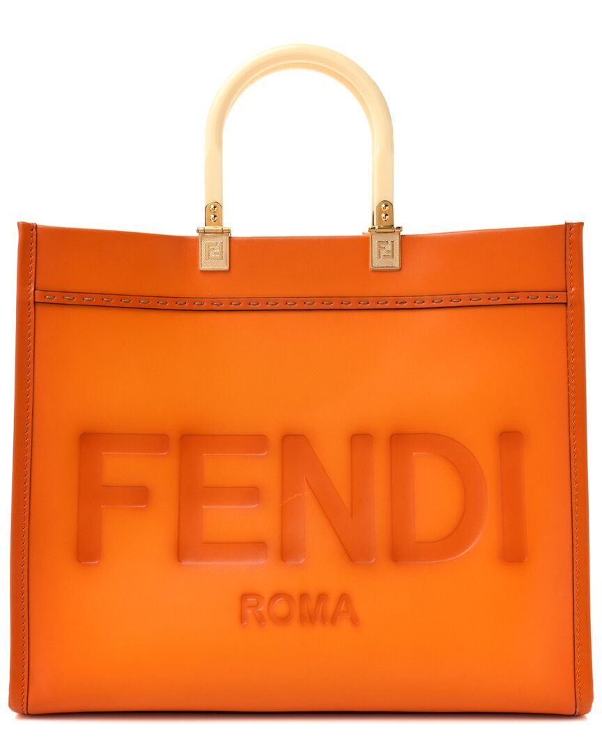 Fendi Orange Leather King Tamponato Plexiglass Medium Sunshine Shopper Tote (authentic Pre-loved) In Brown