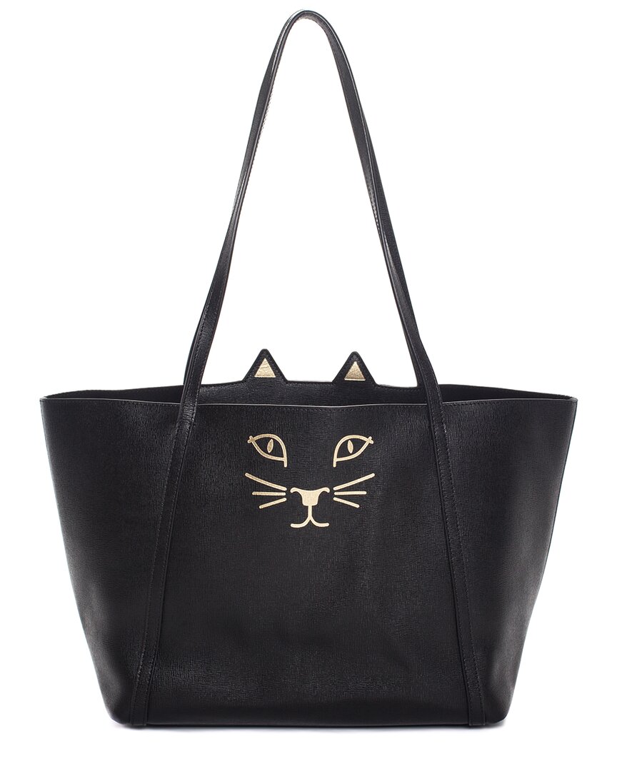 Charlotte Olympia Black Leather Feline Mini Shopper Tote
