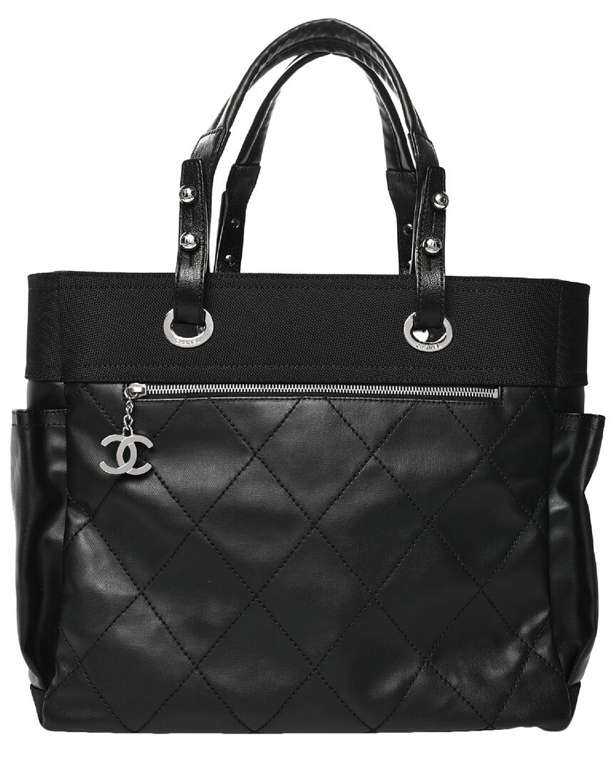 Pre-owned Chanel Black Coated Canvas Paris Biarritz Pm Tote Bag (authentic Pre-loved)