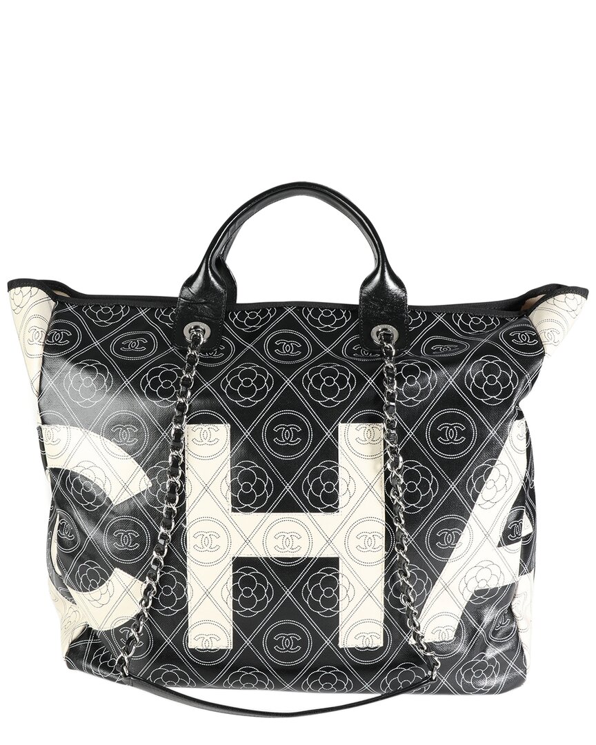 Pre-owned Chanel Beige & Black Coated Canvas & Leather Camellia & Cc Print Shopper Tote (authentic Pre-loved)