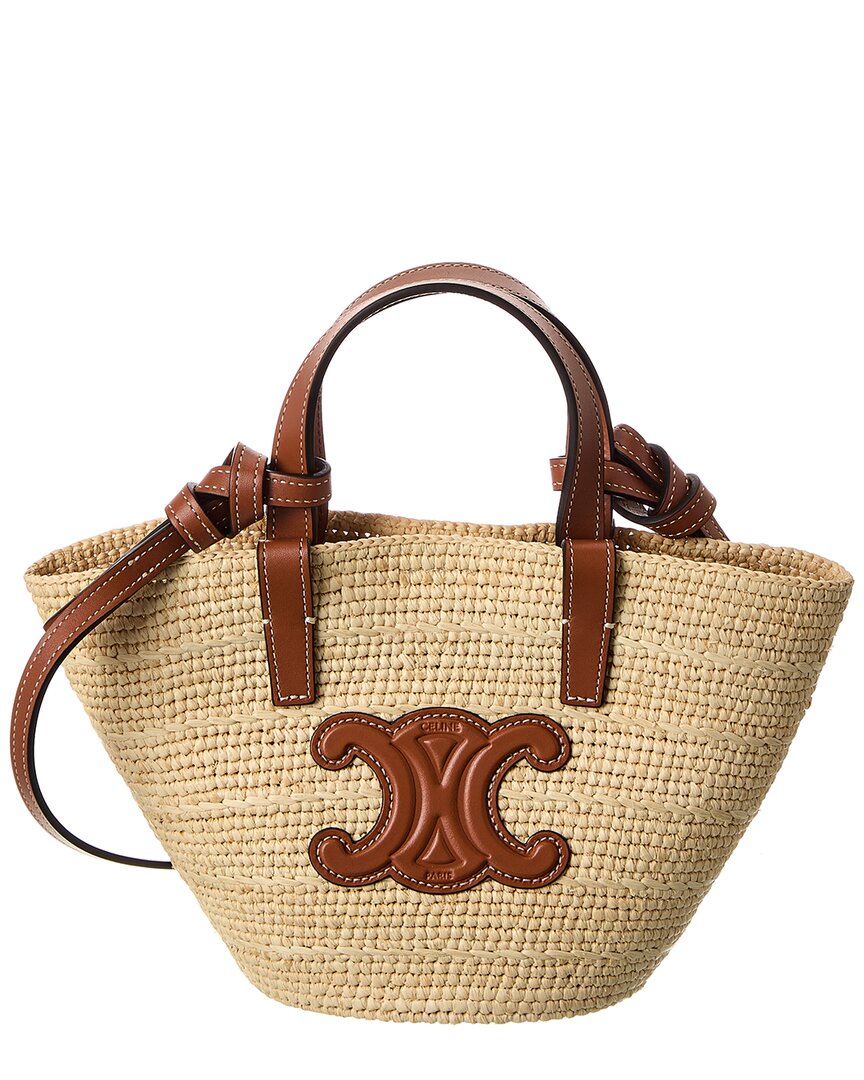 Celine Nano Supple Classic Panier Raffia & Leather Tote In Brown