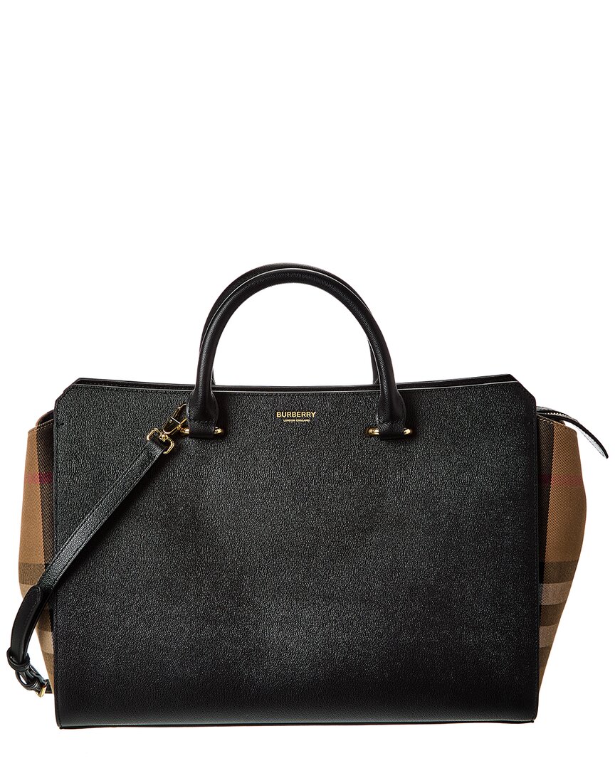 Burberry Banwell Medium Leather & Check Canvas Satchel In Black