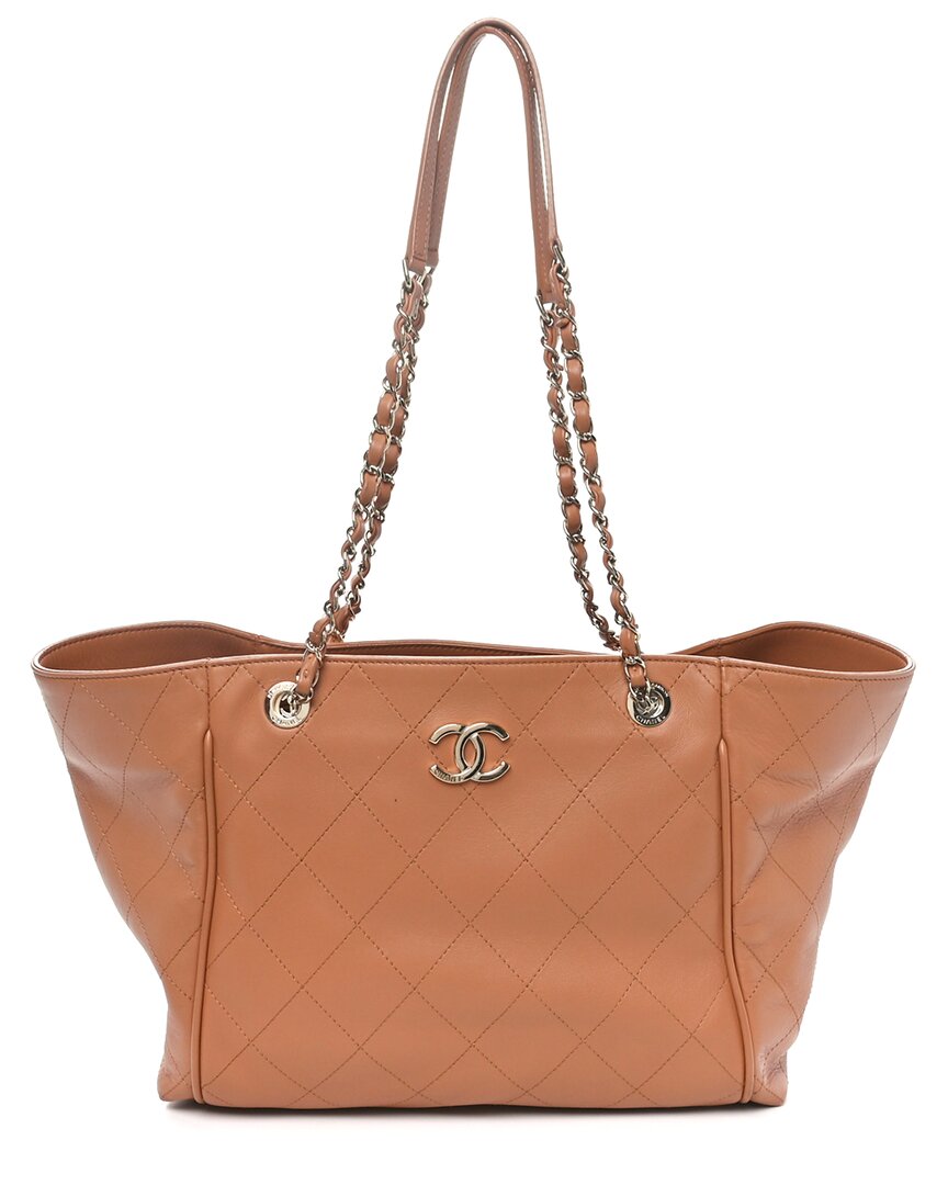 Pre-owned Chanel Brown Calfskin Leather Stitched Small Shopping Tote (authentic Pre- Loved)