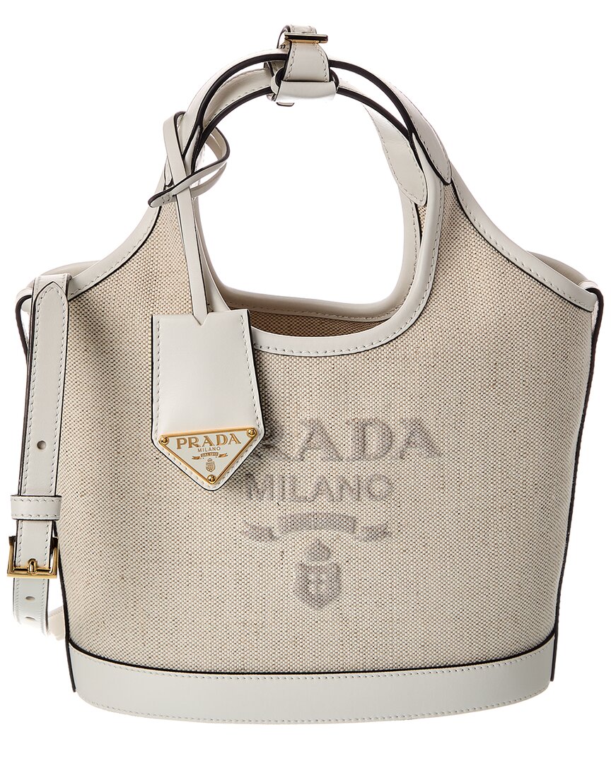 Prada Logo Canvas & Leather Tote In White