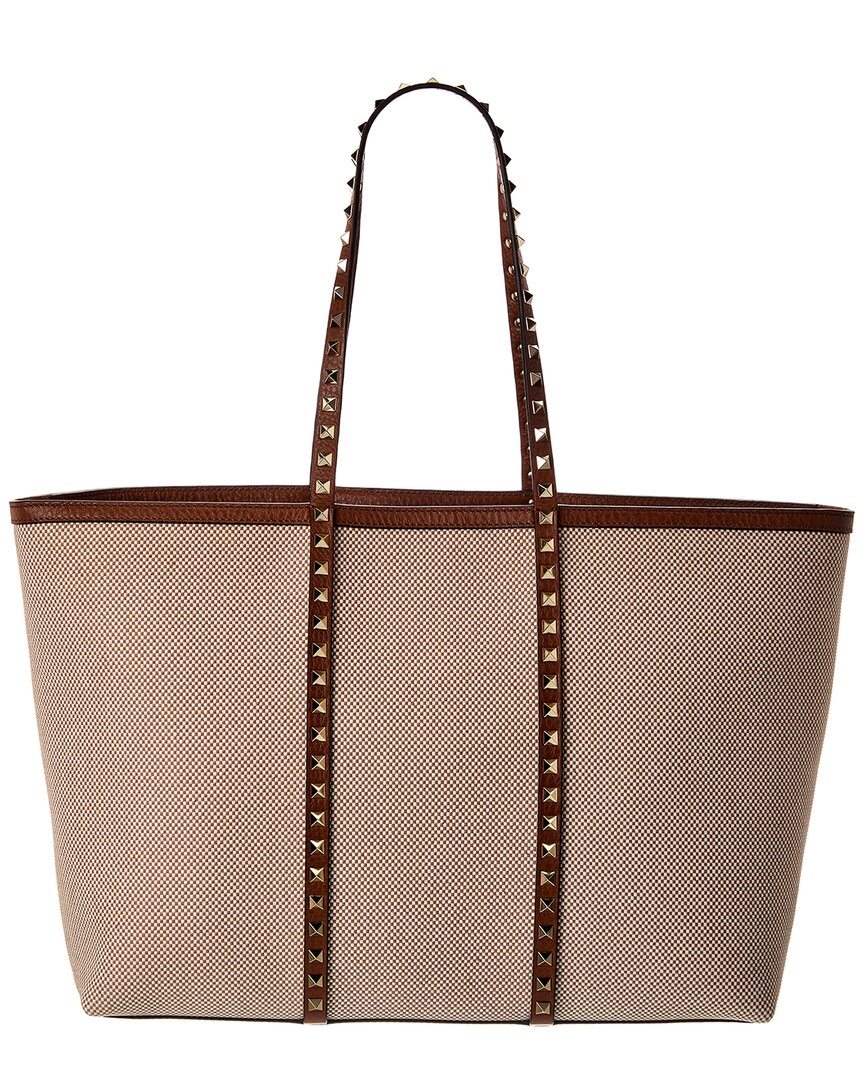 Valentino Garavani Valentino Rockstud Canvas & Leather Tote In Brown
