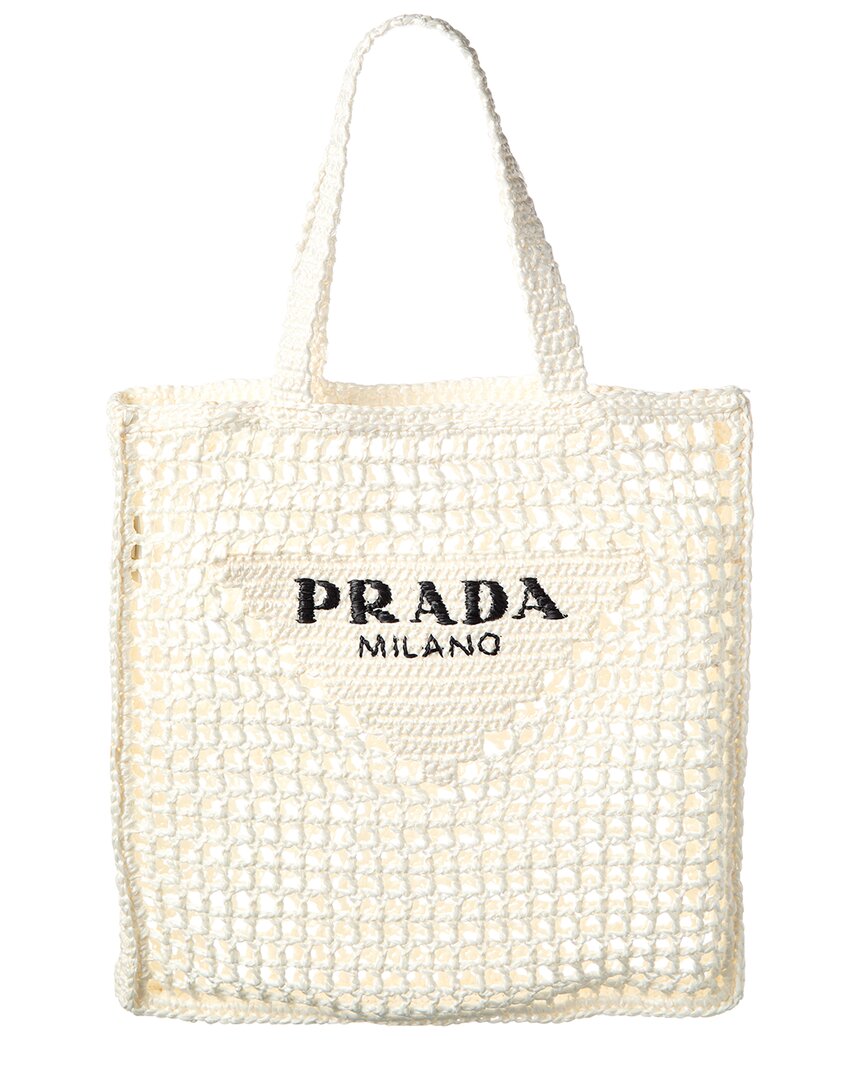 Prada Logo Crochet Tote In White