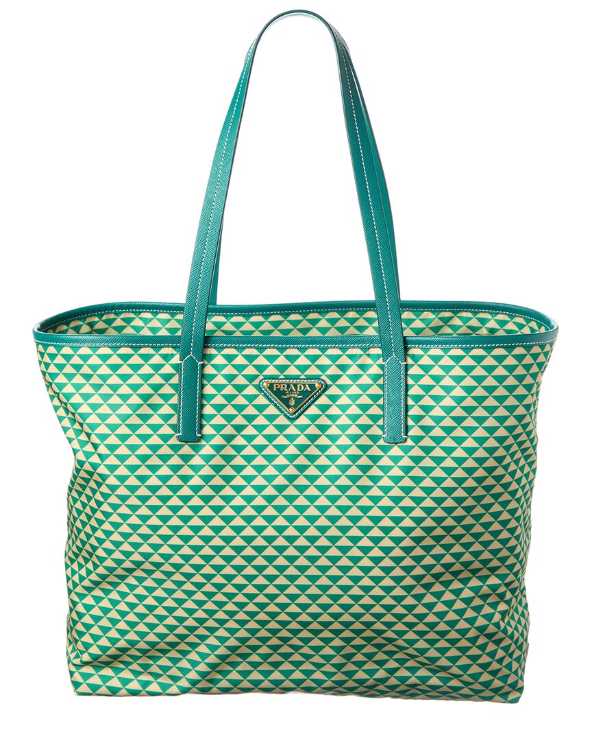 Prada Dnu Inv Logo Nylon & Leather Tote In Green