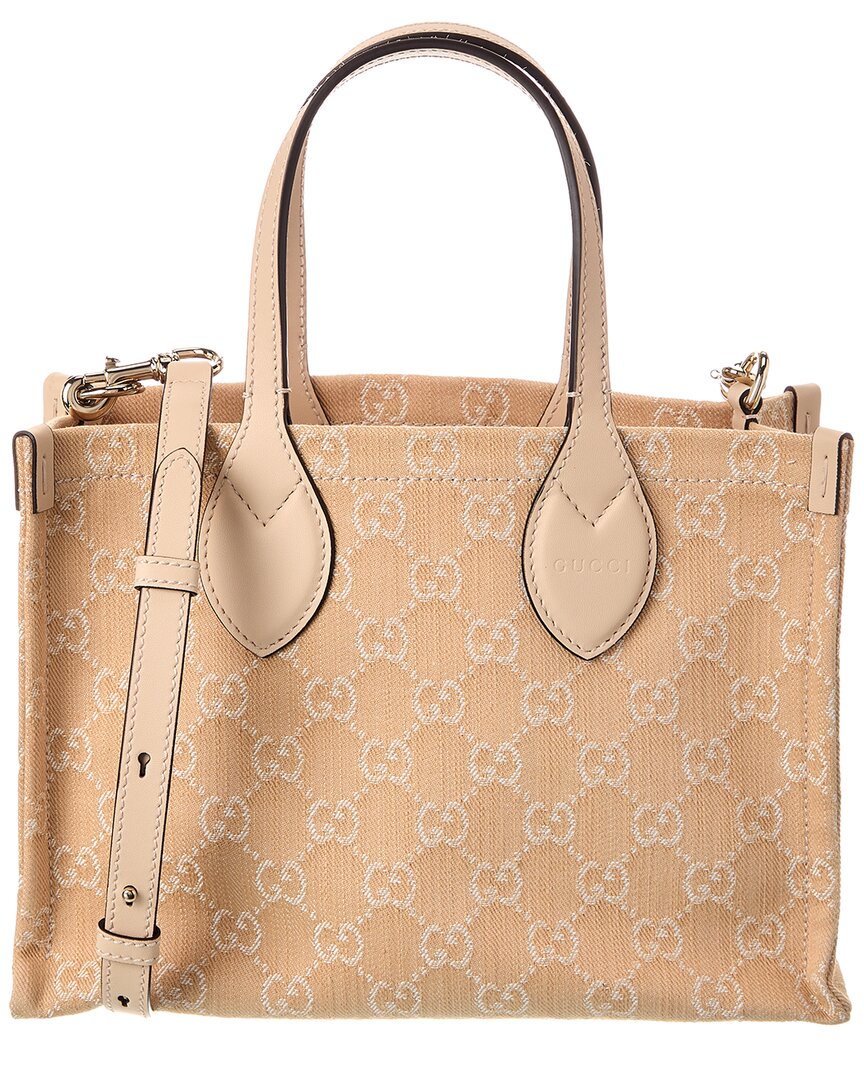 Gucci Ophidia Medium Gg Denim & Leather Tote Women's Beige