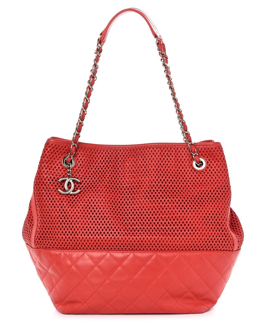 CHANEL Pre-owned Red Calfskin Leather Perforated Up In The Air North South Tote (authentic Pre-loved)
