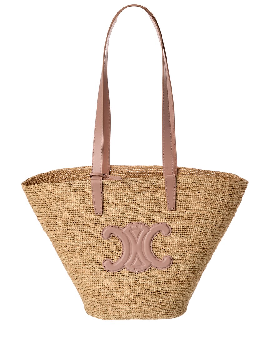 Celine Classic Panier Raffia & Leather Tote In Brown