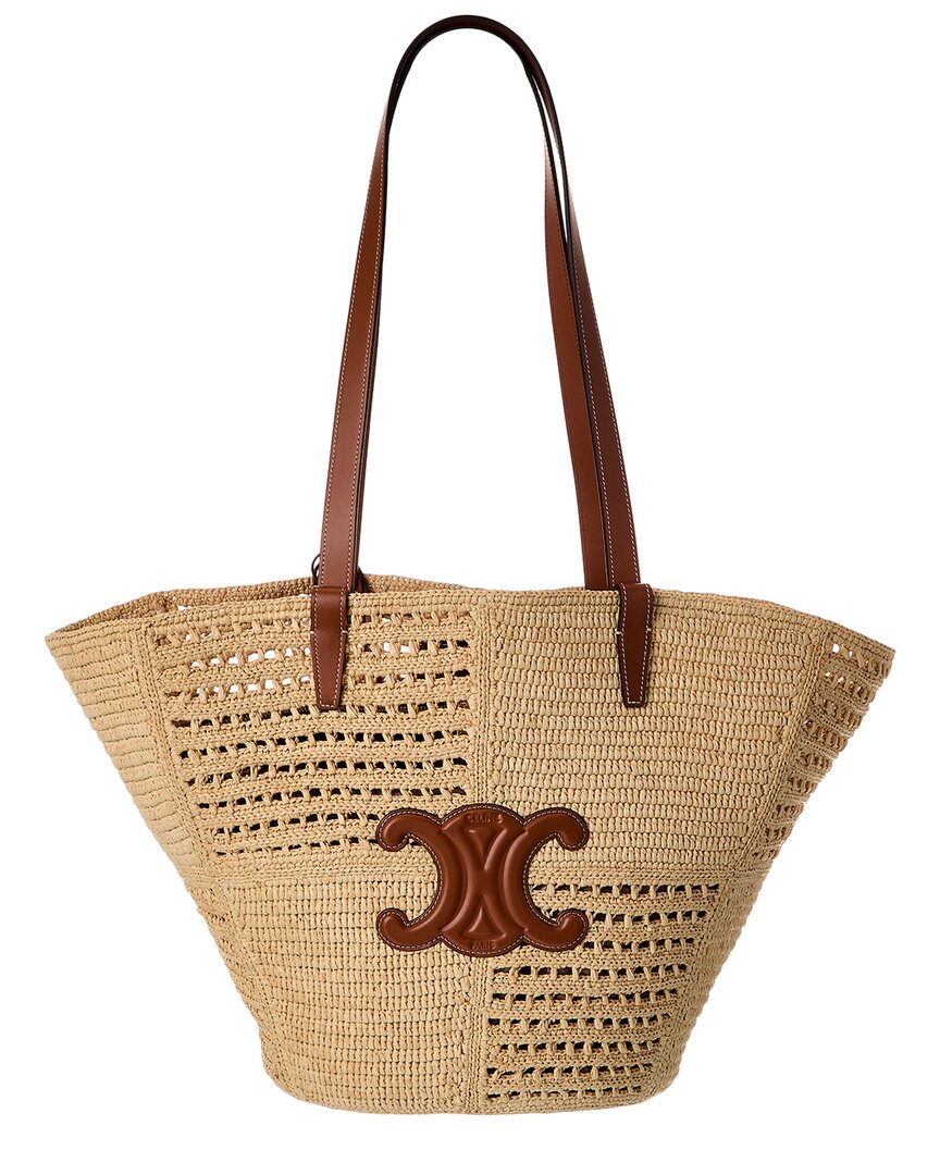 Celine Classic Panier Medium Raffia & Leather Tote In Sand