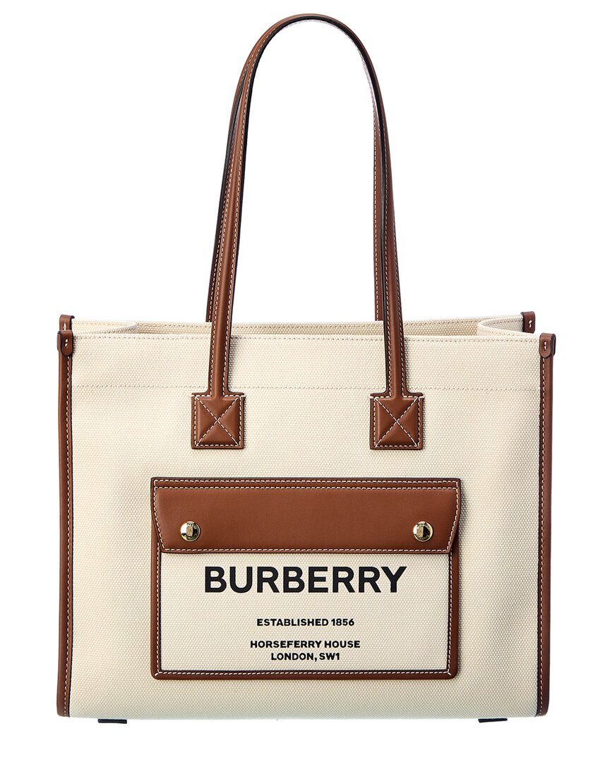 Burberry Women Two-tone Leather And Canvas Medium Freya Shopping