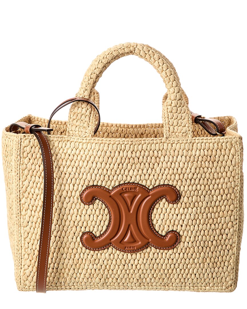 Celine Cabas Thais Small Raffia & Leather Tote In Brown
