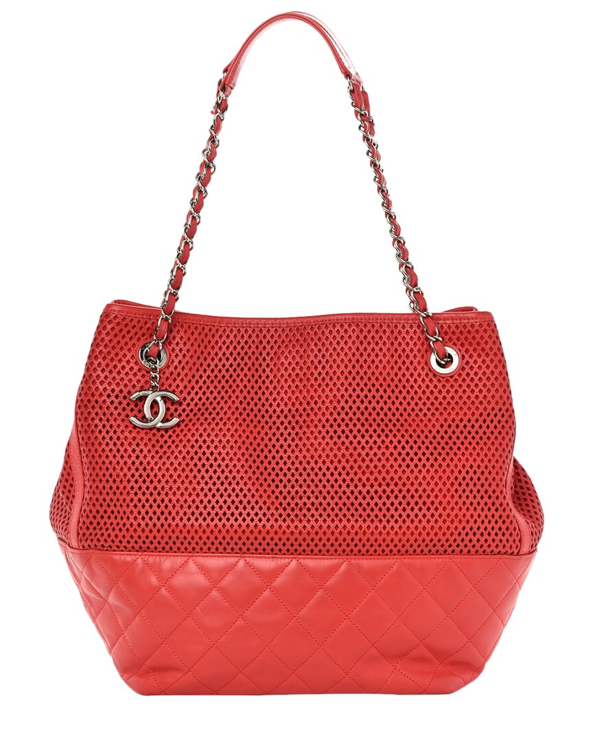 Pre-owned Chanel Red Calfskin Leather Perforated Up In The Air North South Tote (authentic Pre-loved)
