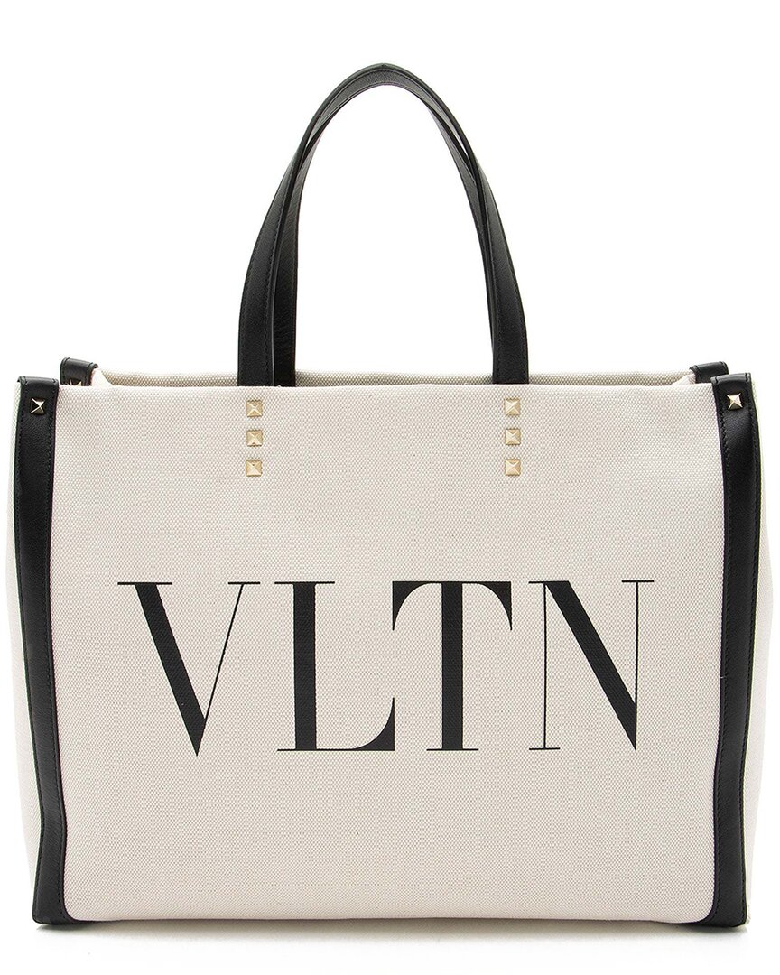 Valentino Black Canvas Rockstud Vltn Grande Plage Small Tote (authentic Pre-loved)