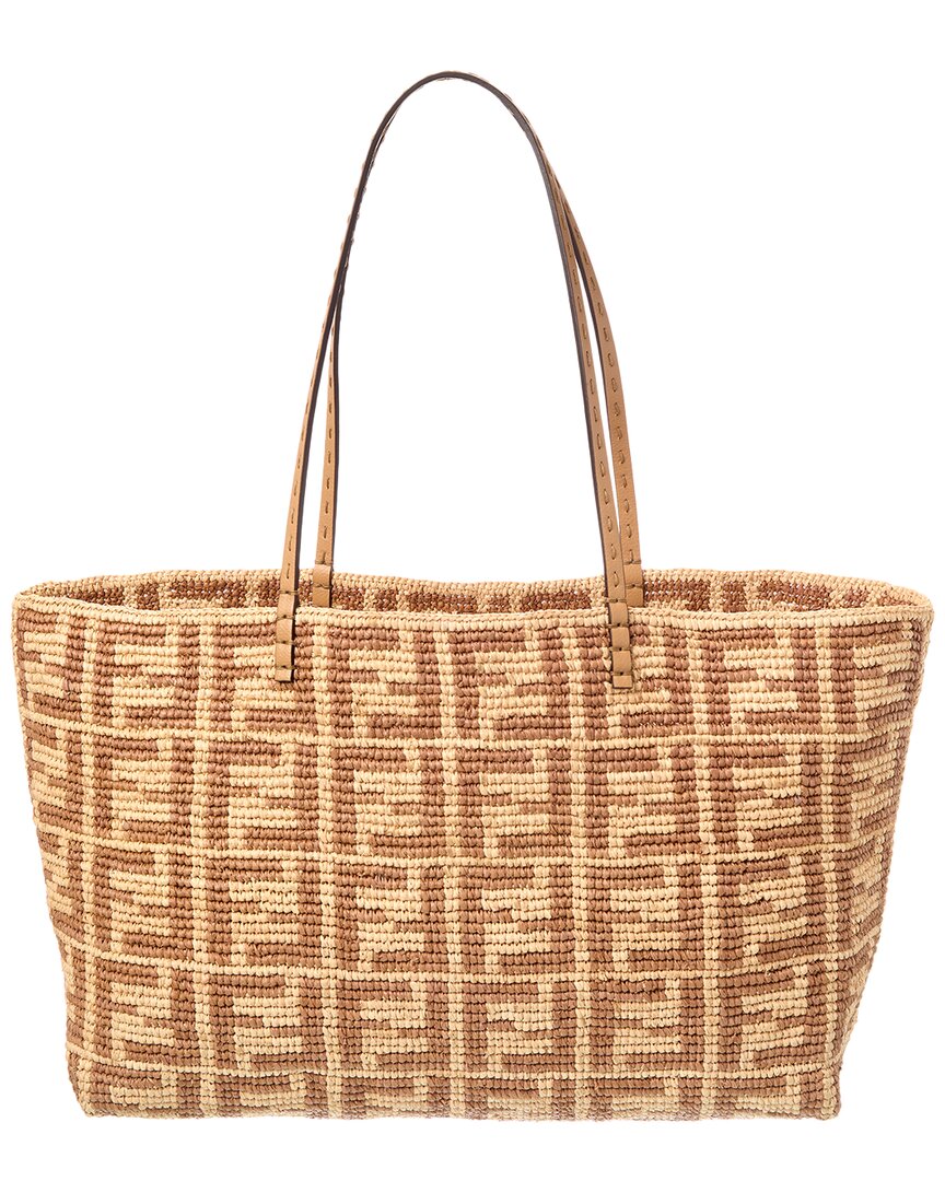 Fendi Dnu Inv Roll Large Ff Raffia Tote In Sand