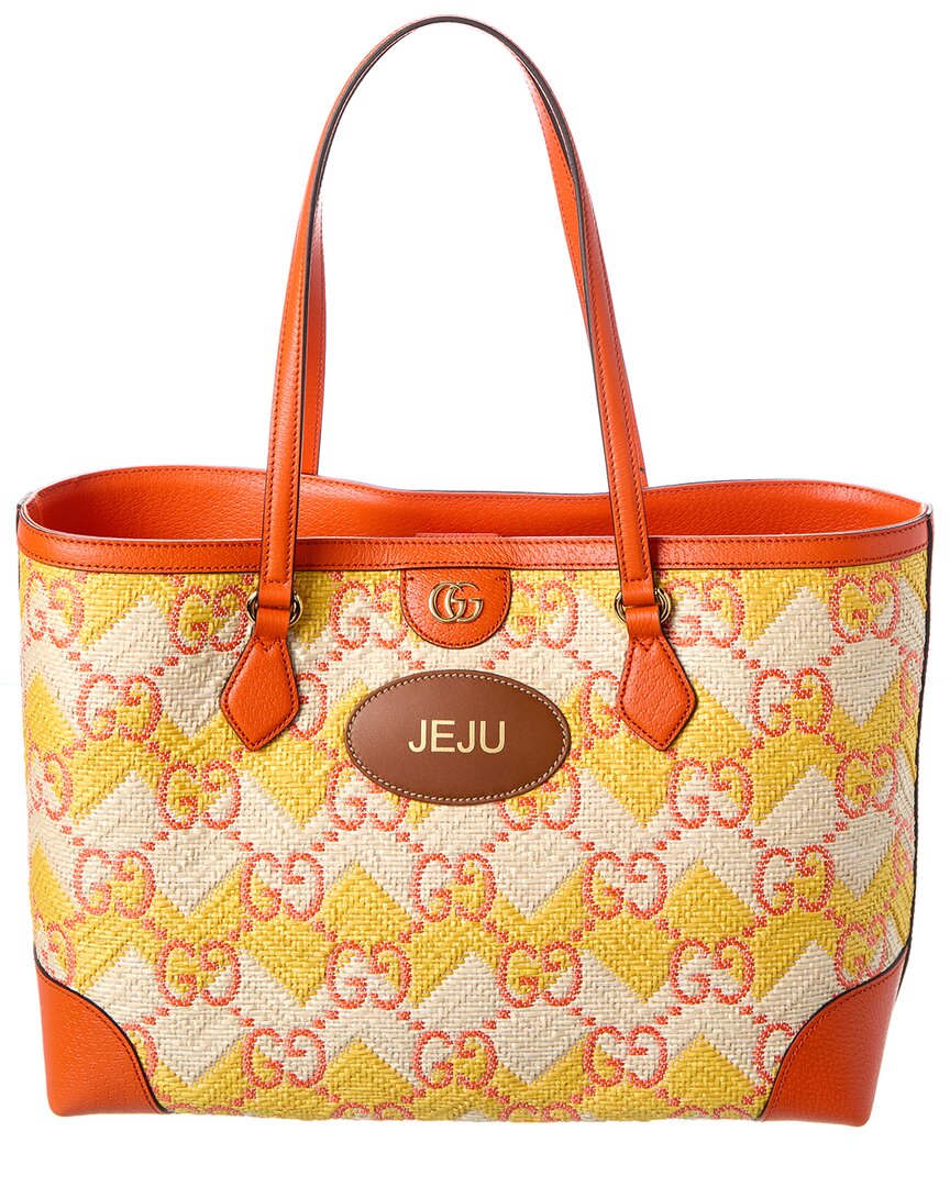 Gucci Ophidia Straw & Leather Tote In Orange