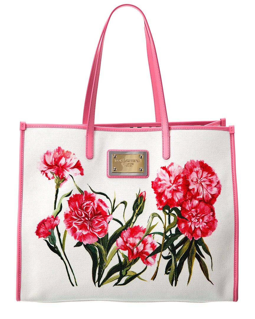 Dolce & Gabbana Floral Print Canvas & Leather Shopper Tote In White