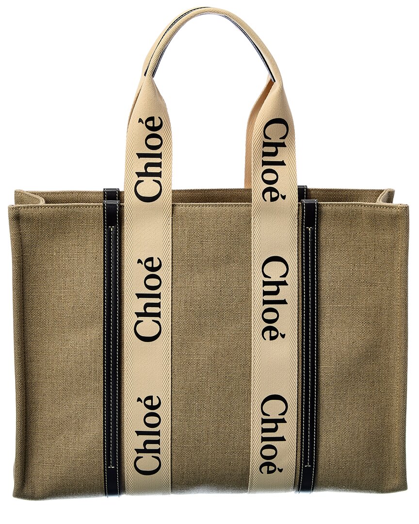 Shop Chloé Woody Large Canvas & Leather Tote In White