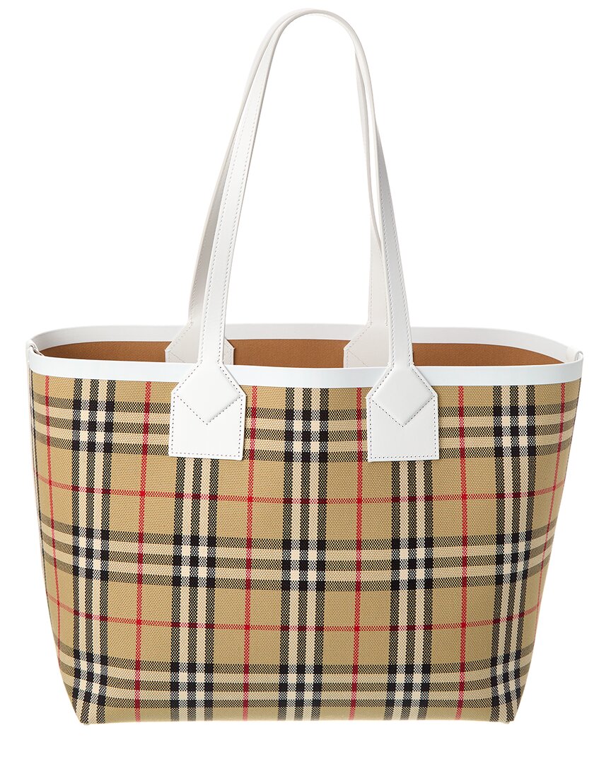 Burberry London Medium Check Canvas & Leather Tote In White