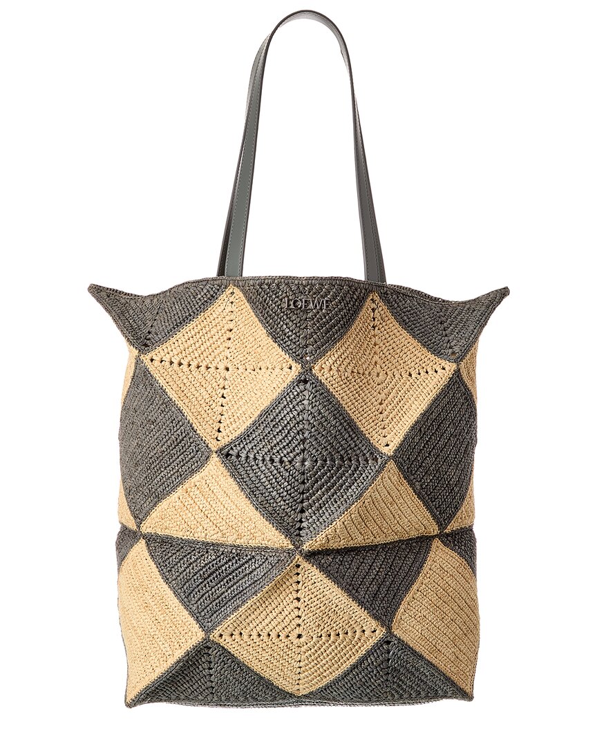 Loewe Puzzle Fold Xl Raffia Tote In Gray