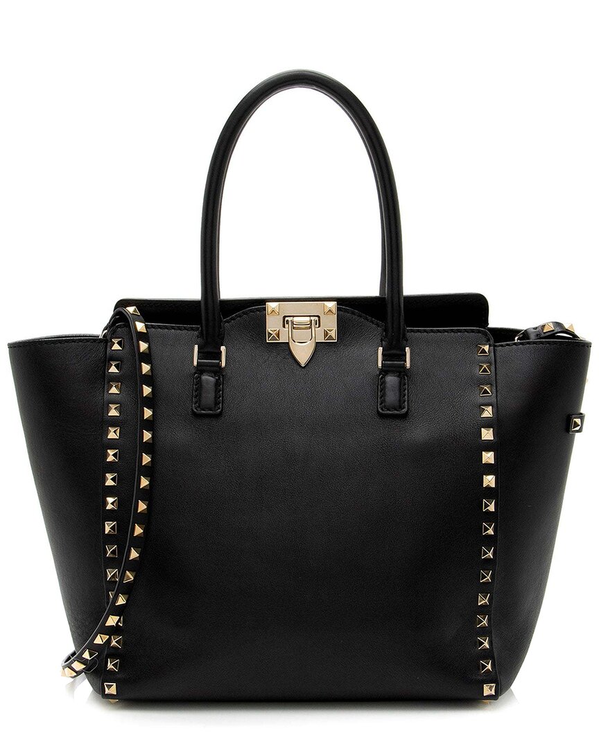 Valentino Garavani Valentino Black Calfskin Rockstud Double Handle Medium Tote (authentic Pre-  Loved)