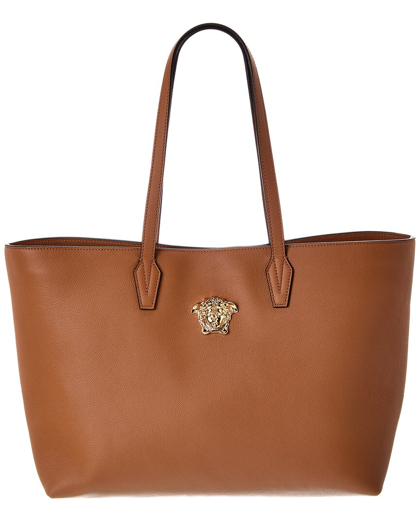 Versace La Medusa Leather Tote In Brown