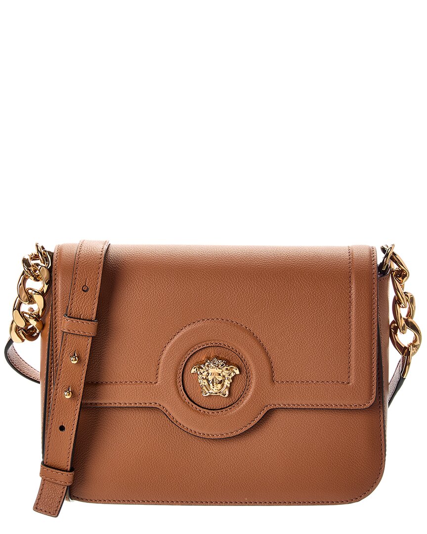 Versace La Medusa Leather Shoulder Bag In Brown