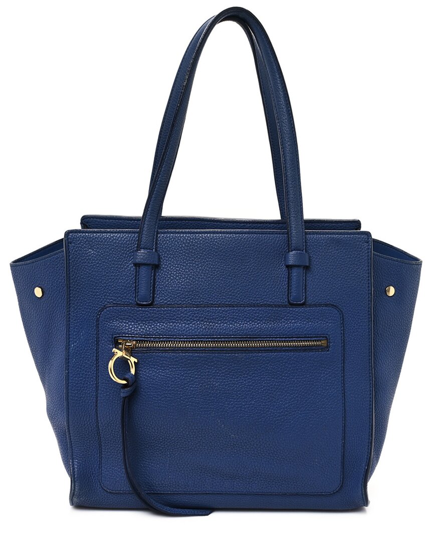 Ferragamo Blue Hammered Calfskin Gancini Tote (authentic Pre-loved)