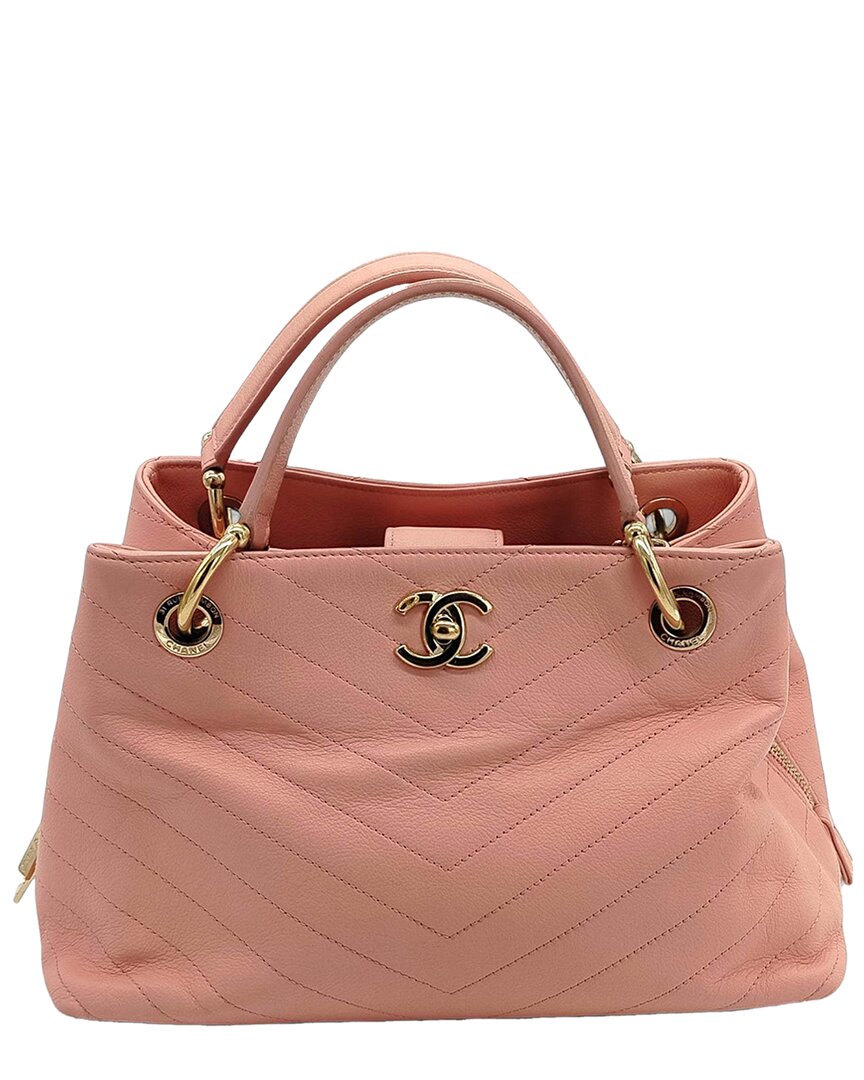 Pre-owned Chanel Pink Leather Chevron Chic Shopping Tote - '10s (authentic Pre-loved)