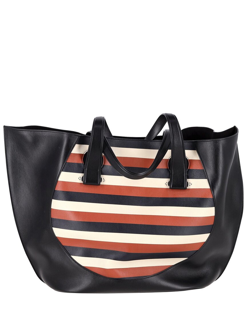 Valentino Garavani Victoria Beckham Black Leather Tulip Small Striped Tote (authentic Pre-loved)