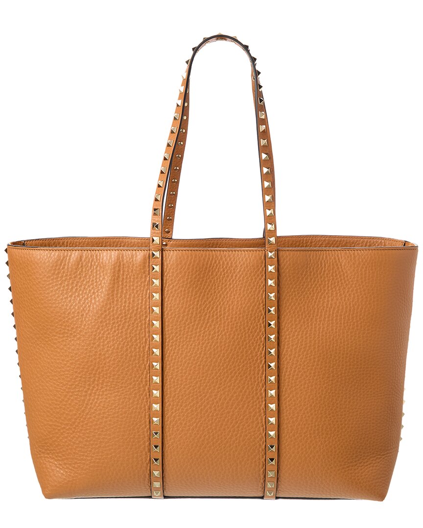 Valentino Rockstud Grainy Leather Tote In Brown