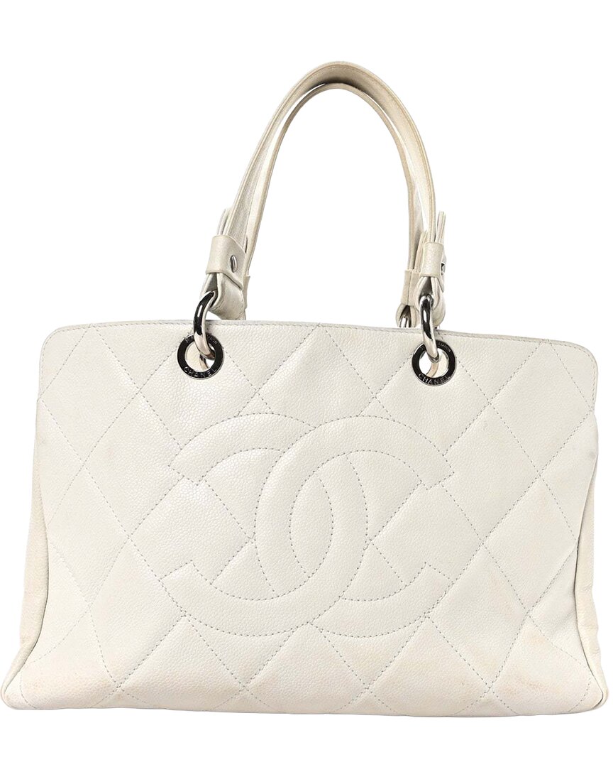 Pre-owned Chanel White Caviar Leather Soft Quilted Cc Timeless Tote (authentic Pre-  Loved)