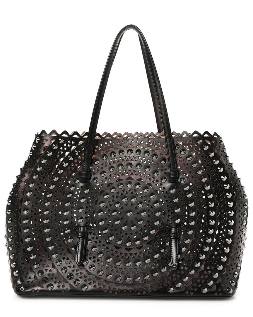 Alaïa Black Calfskin Lamb Leather Laser Cut Studded Mina 32 Tote (authentic Pre-loved)