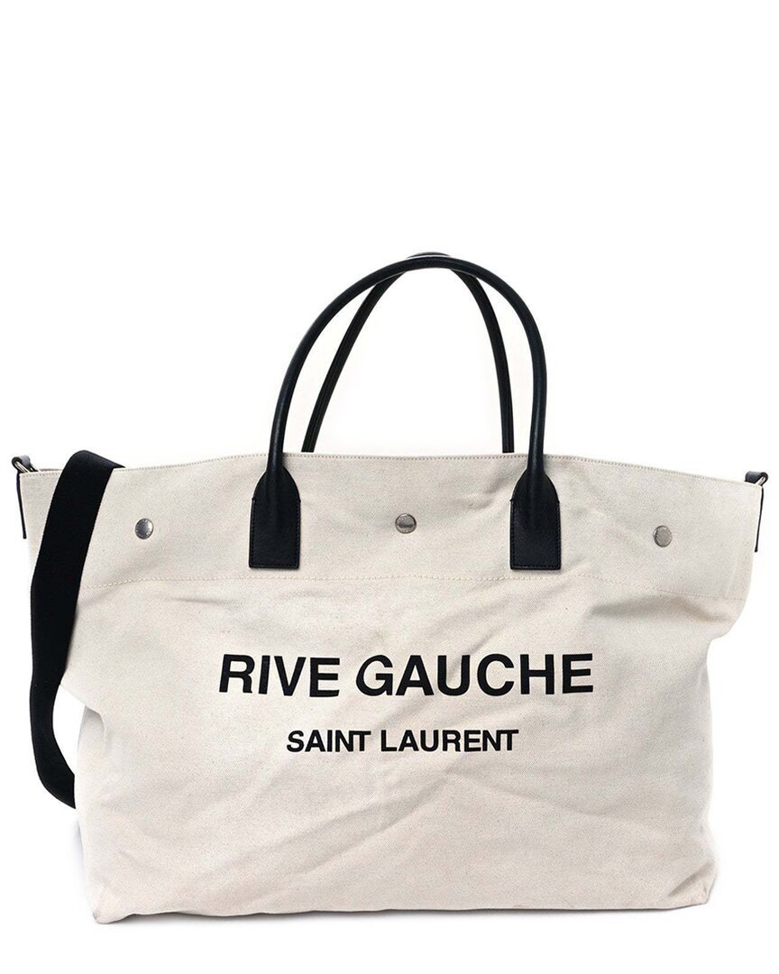 Saint Laurent Beige Black Linen Calfskin Leather Rive Gauche Maxi Tote  (authentic Pre-loved)