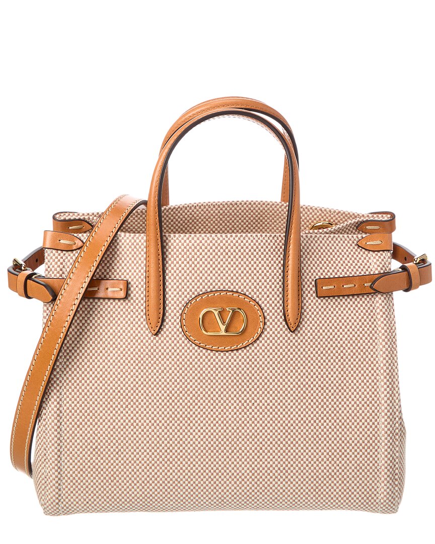 Valentino Garavani Valentino Antibes Small Canvas & Leather Tote In Sand