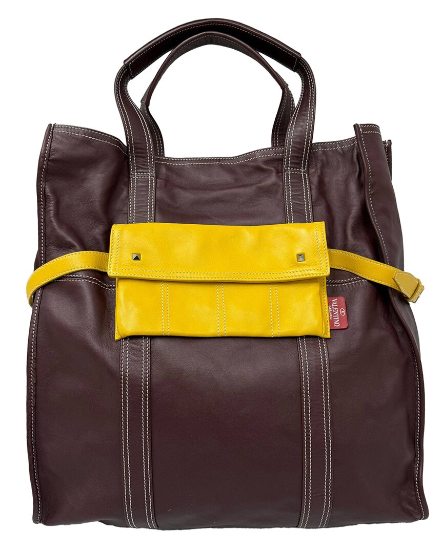 Valentino Garavani Valentino Burgundy Leather Color-block Tote (authentic Pre-loved)