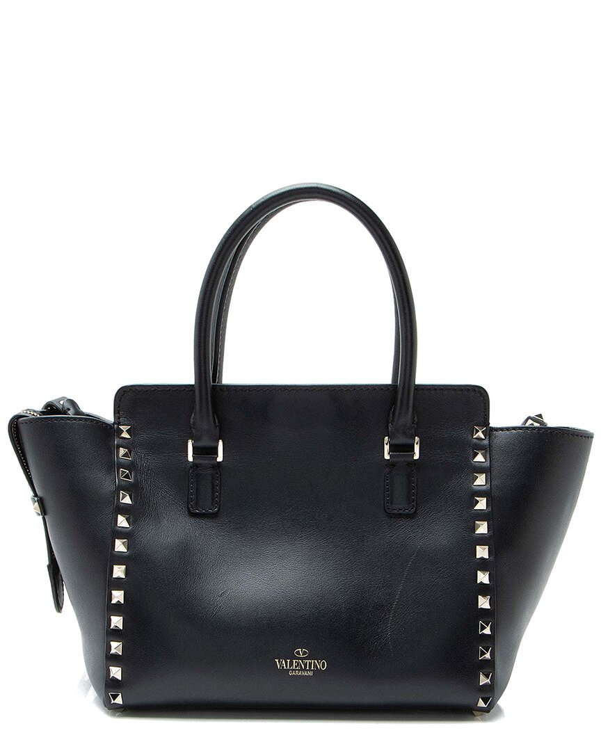 Valentino Garavani Valentino Black Calfskin Rockstud Double Handle Small Tote (authentic Pre-  Loved)