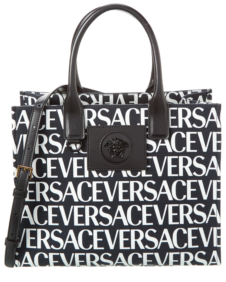 Versace Logo Canvas & Leather Tote in Black