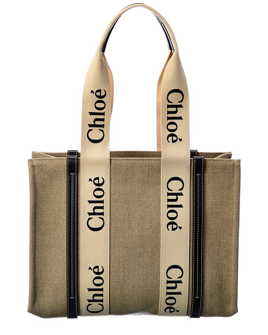 Chloé Medium 'woody' Eco Linen Canvas Tote Bag In Neutral