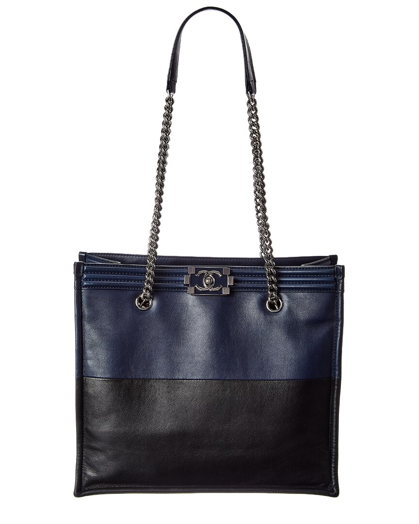 Chanel Black Navy Calfskin Leather Large Boy Tote (Authentic Pre