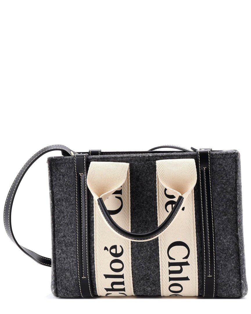 Chloé Woody Tote Recycled Felt With Leather And Canvas Small (authentic Pre-  Loved) In Blue