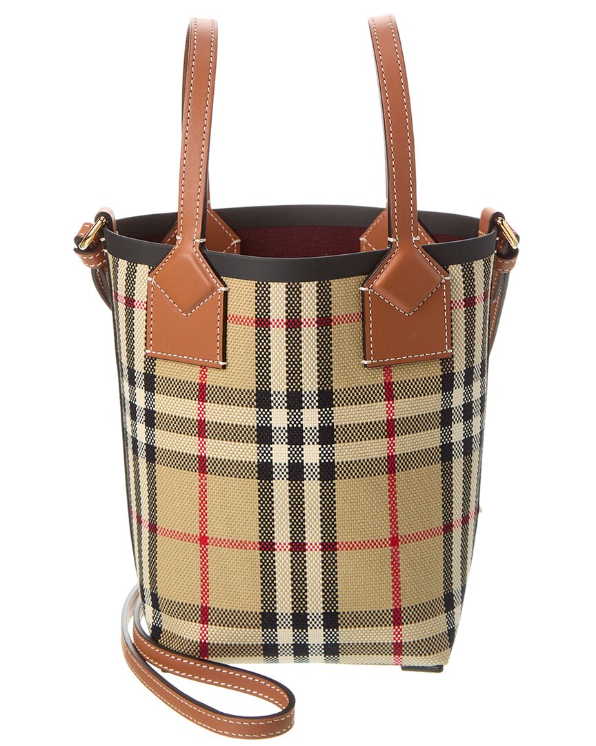 Shop Burberry London Mini Check Canvas & Leather Tote In Beige