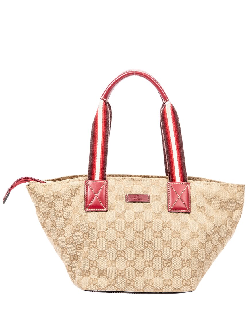 Gucci Beige Gg Canvas & Leather Web Trapezoid Tote (authentic Pre-loved) In Brown