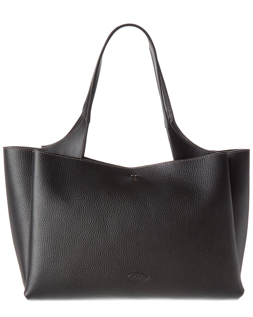 Shop Tod's Logo Medium Leather Tote In Black