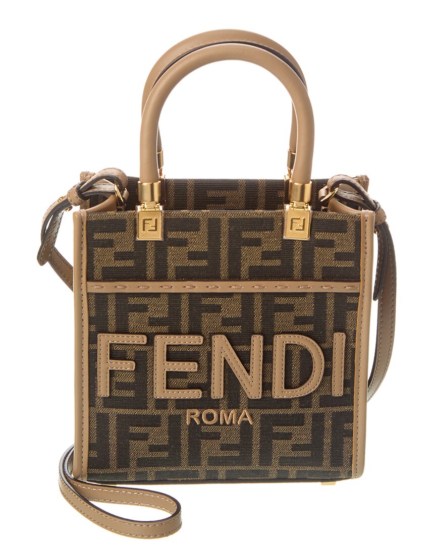 Shop Fendi Sunshine Mini Ff Jacquard & Leather Tote In Brown